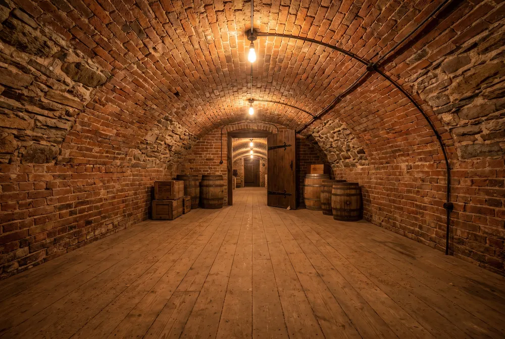 Generated illustration: a vaulted red-brick passage lit by bare bulbs, with old barrels and a heavy wooden door, in the style of the 1920s